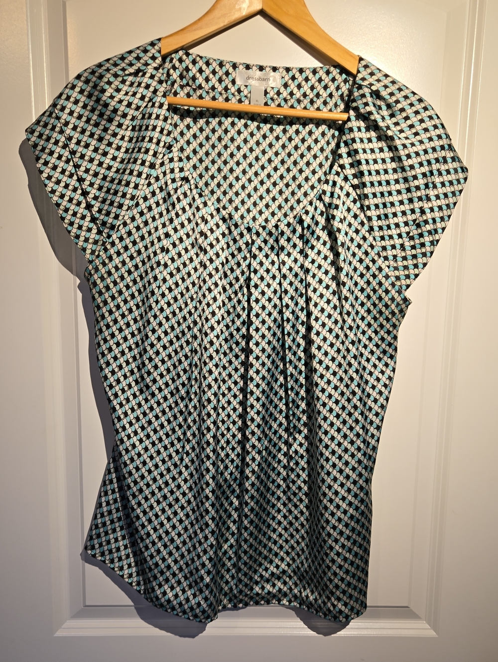 dressbarn Teal and Black Geometric Cap-Sleeve Blouse